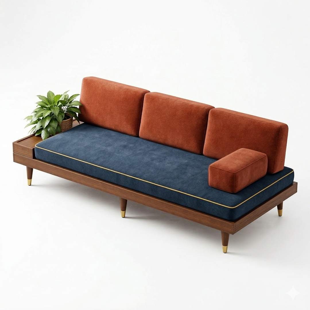 Azure & Rust Mid-Century Daybed Bench