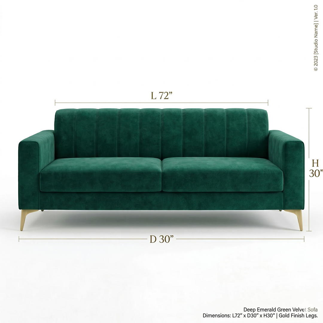 Emerald Linear Stitched Velvet 3 Seater Sofa with Gold Legs