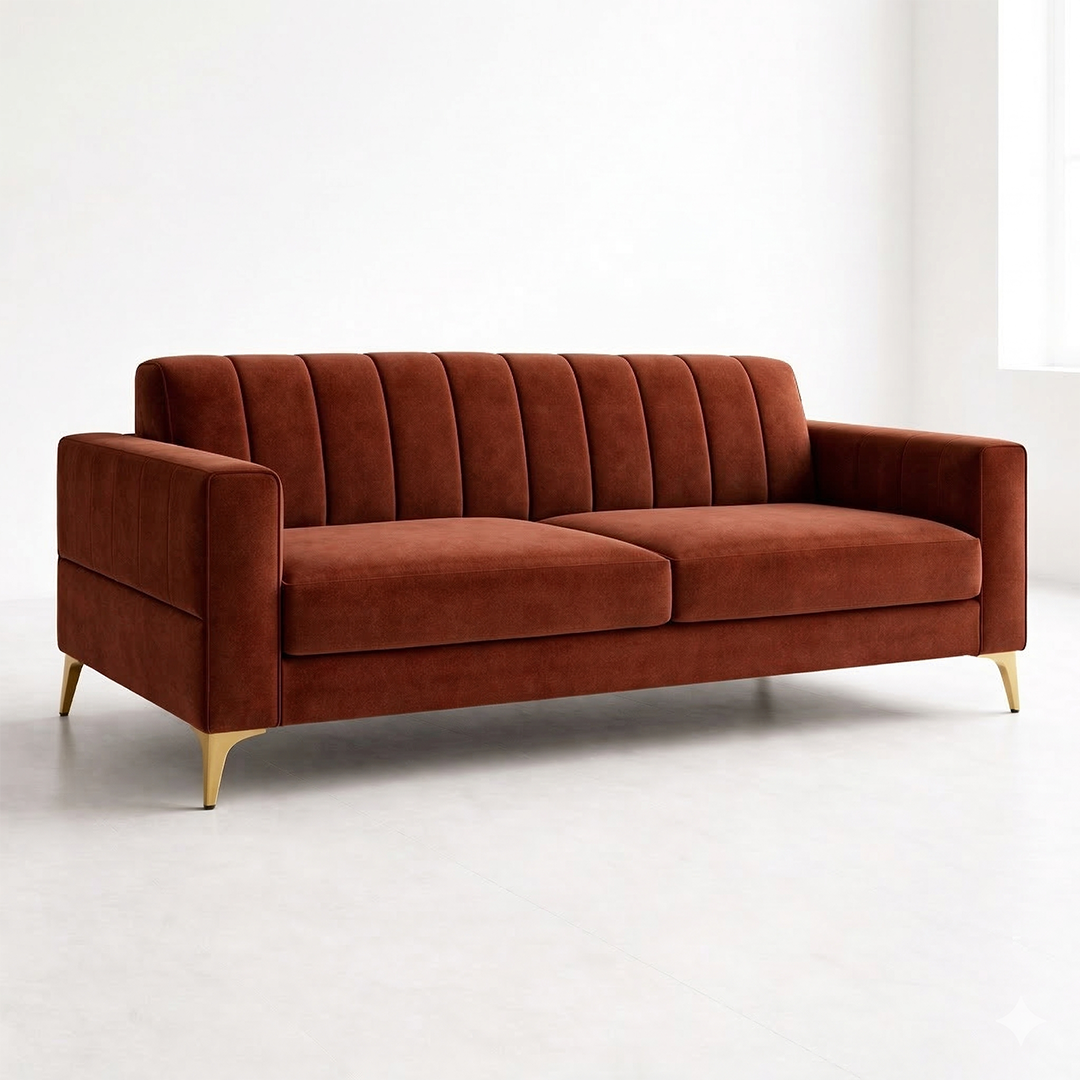 Emerald Linear Stitched Velvet 3 Seater Sofa with Gold Legs