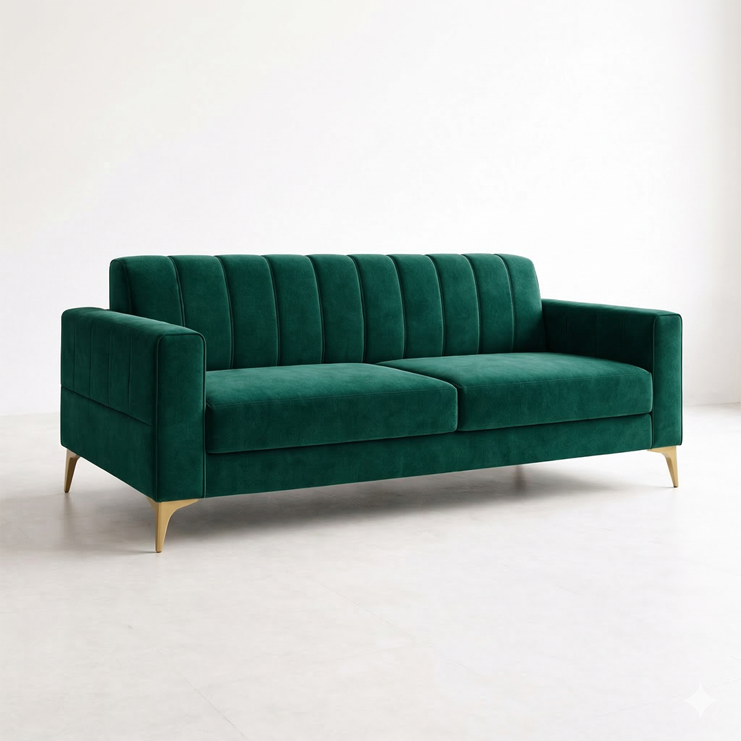Emerald Linear Stitched Velvet 3 Seater Sofa with Gold Legs