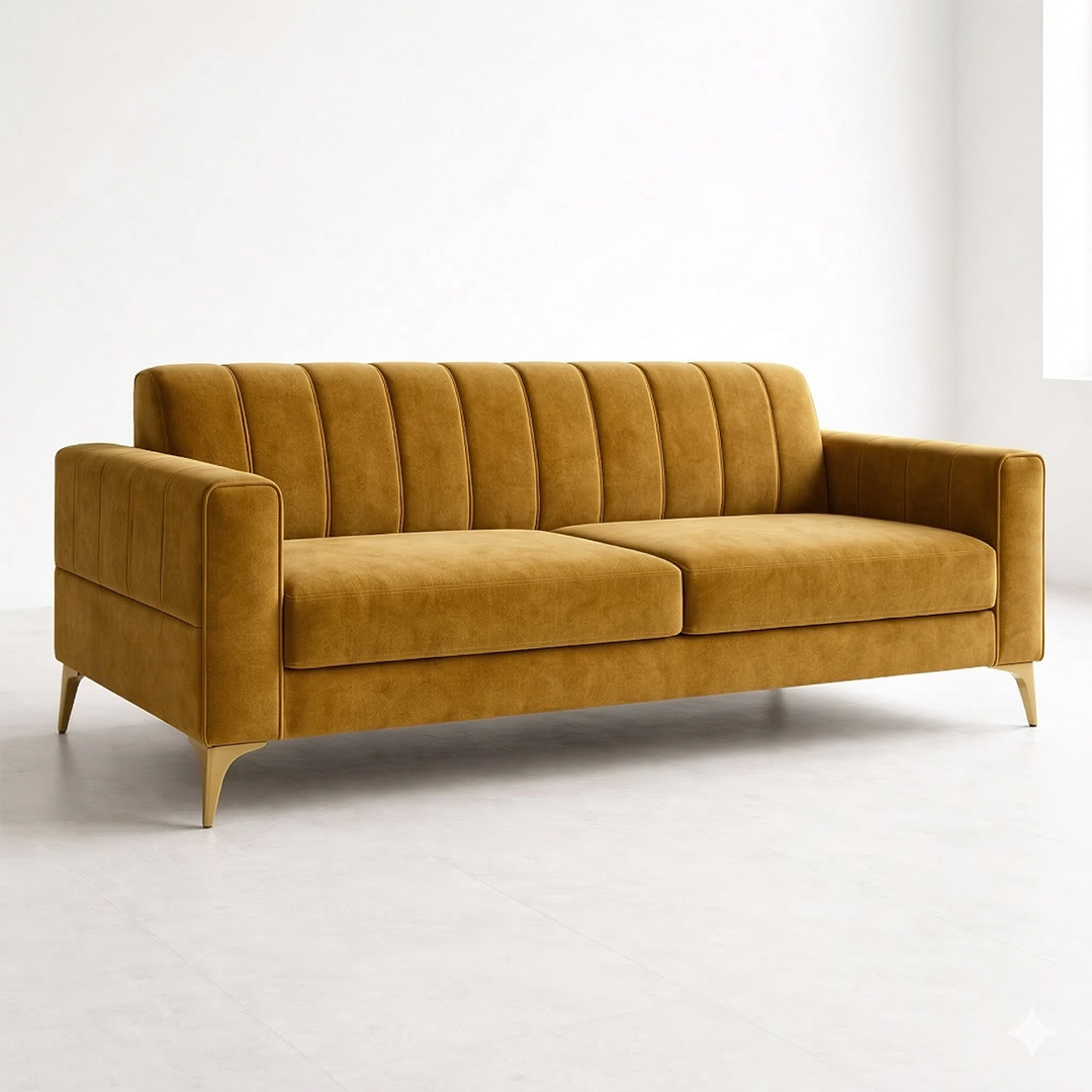 Emerald Linear Stitched Velvet 3 Seater Sofa with Gold Legs
