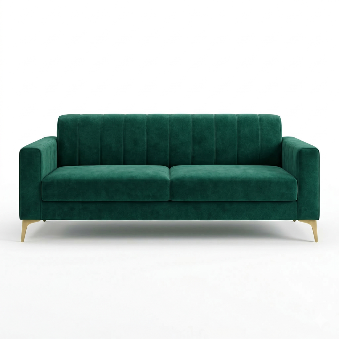Clear front view of a deep emerald green velvet sofa featuring dynamic vertical linear stitching across the backrest and armrests, supported by elegant tapered gold metal legs, isolated on a white studio background.