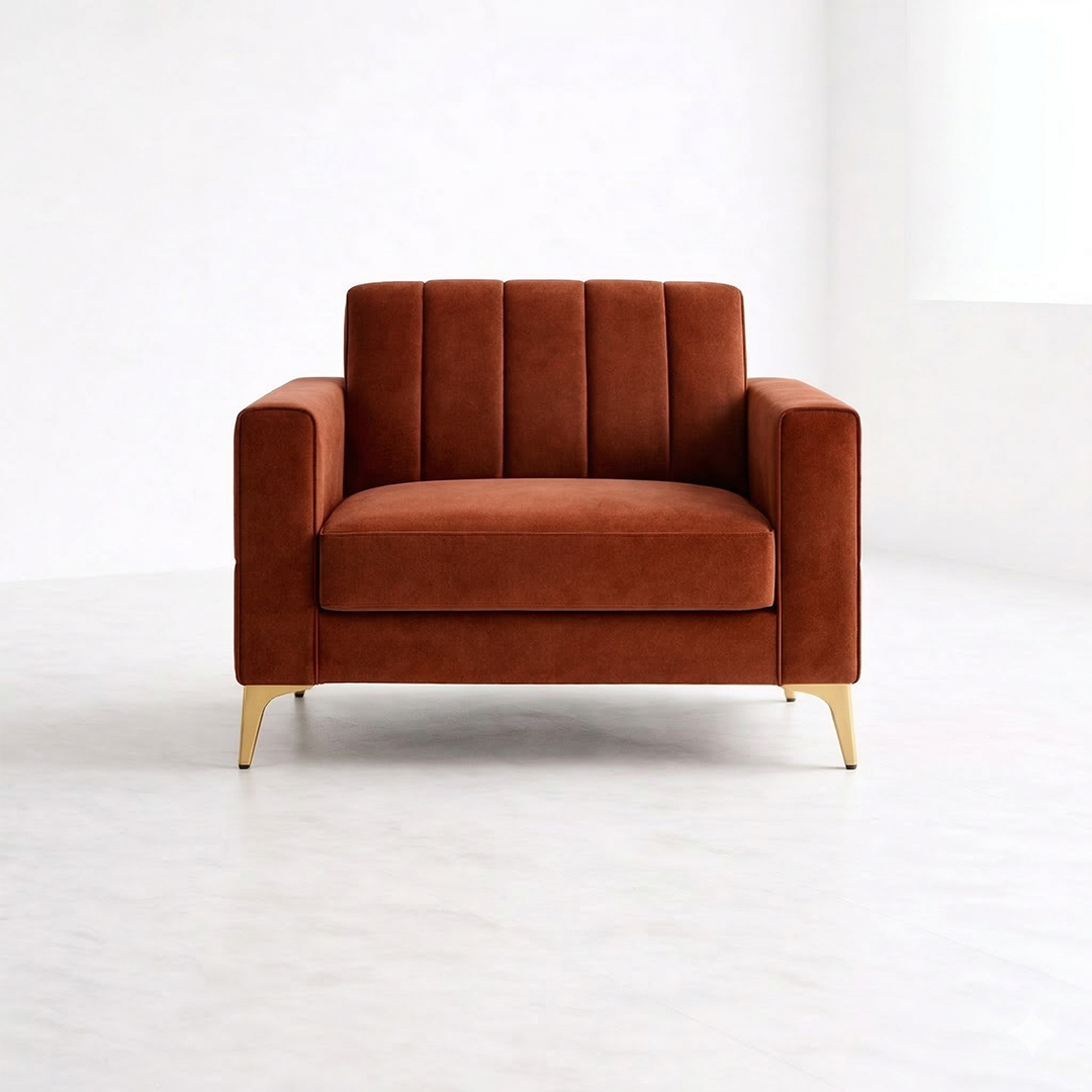 Clear front view of a deep emerald rust orange velvet 1 seater sofa featuring dynamic vertical linear stitching across the backrest and armrests, supported by elegant tapered gold metal legs, isolated on a white studio background.