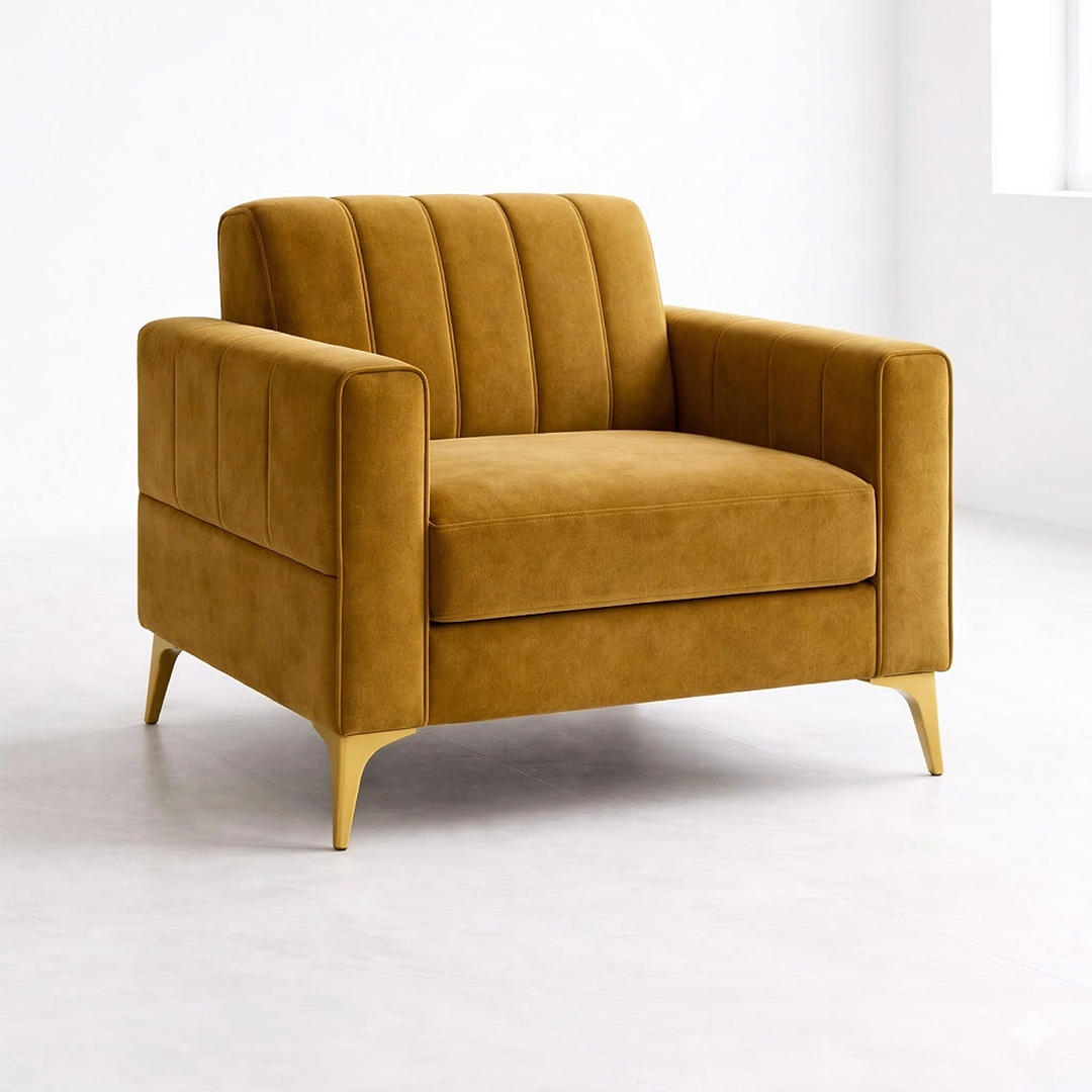 Emerald Linear Stitched Velvet 1 Seater Sofa with Gold Legs