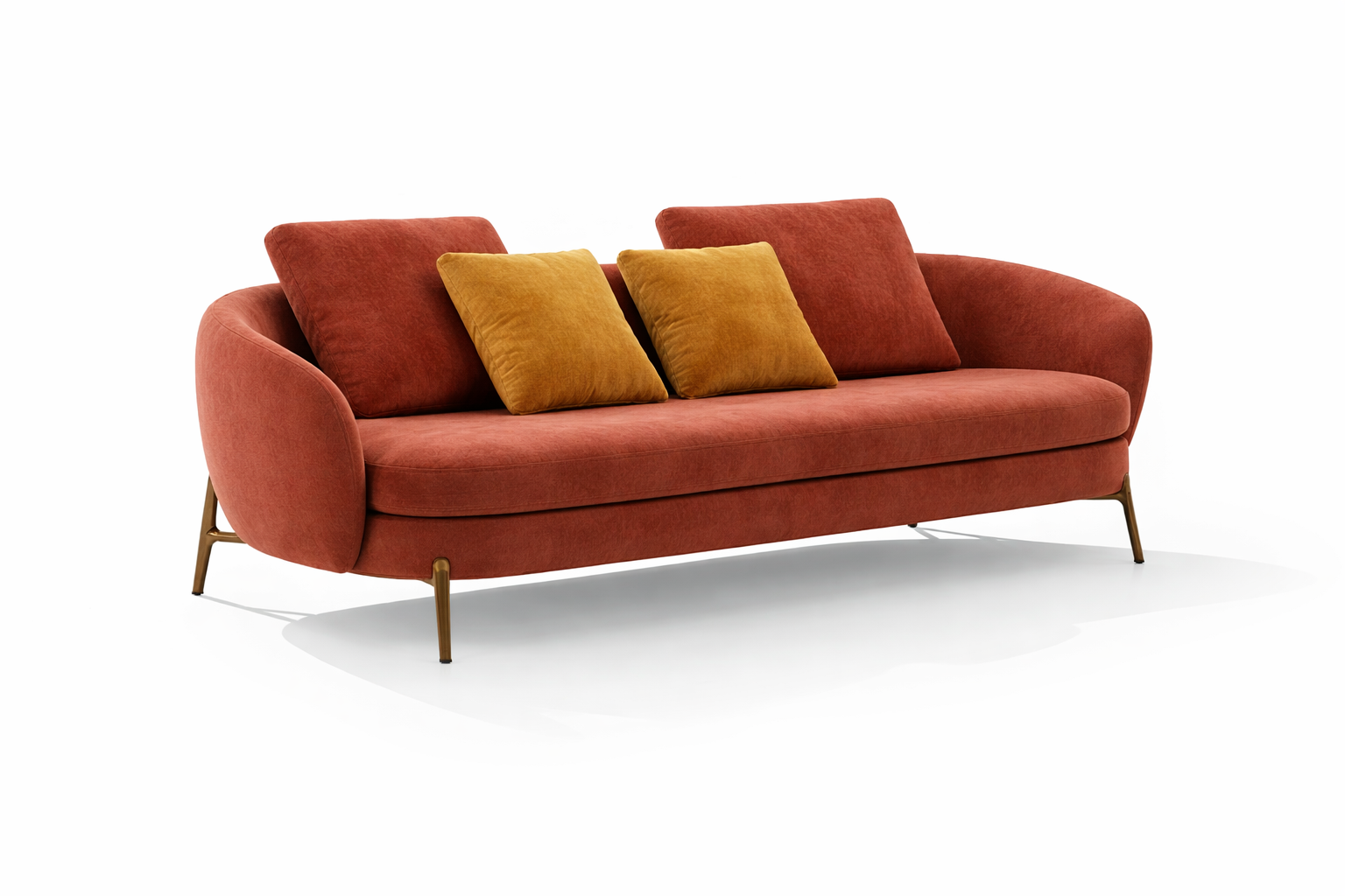 modern rust velvet sofa with curved arms and metal legs